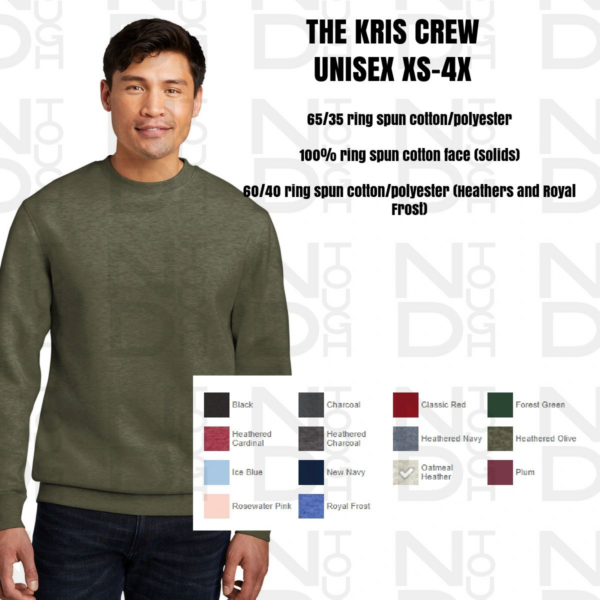 A man wearing a sweater with many colors of clothing.