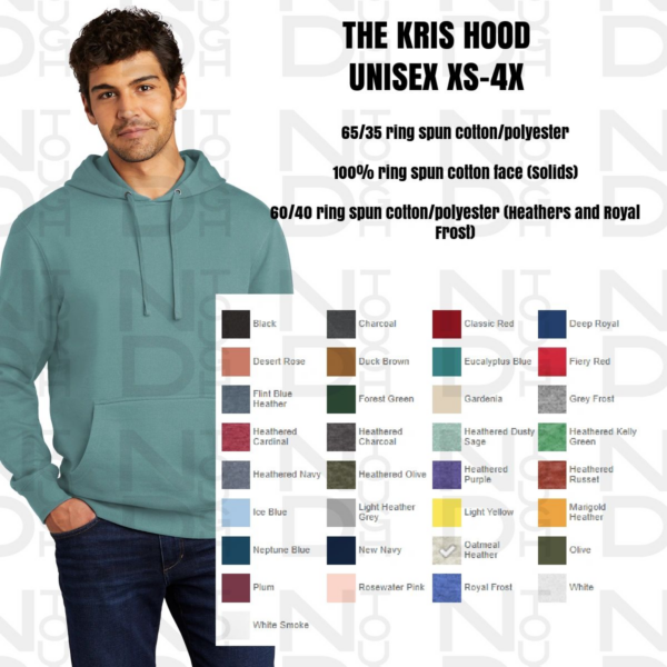 A man wearing a blue hoodie with many colors.