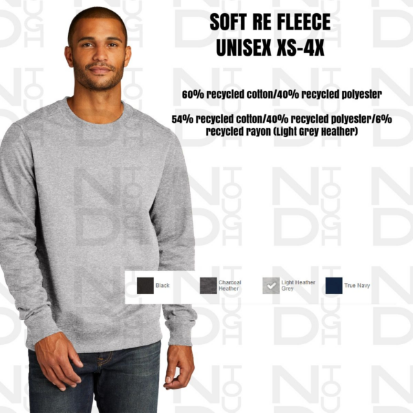 A man wearing a gray sweatshirt with the words soft be fleece, unisex xs-4 x.