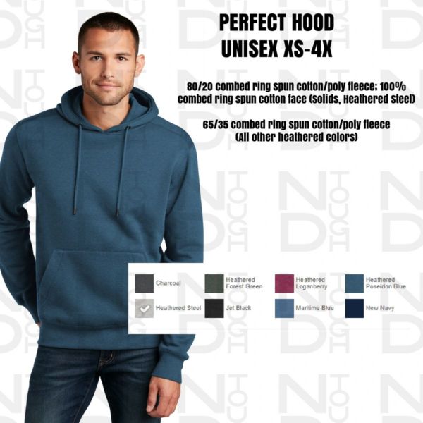 A man wearing a blue hoodie with different color options.