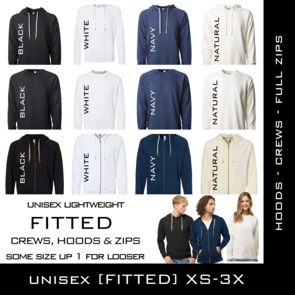 A collection of different colored hoodies and sweatshirts.