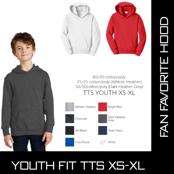 A boy wearing a red hoodie with different colors of clothing.