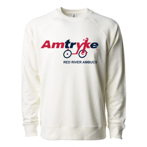 A white sweatshirt with an amtryke logo on it.