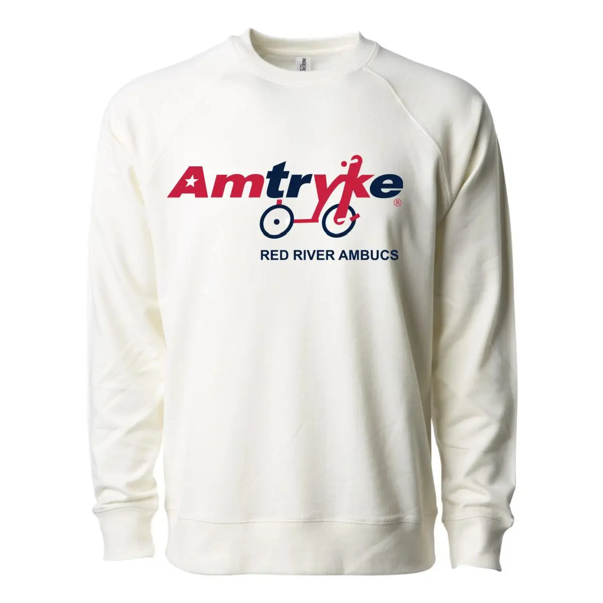 A white sweatshirt with an amtryke logo on it.