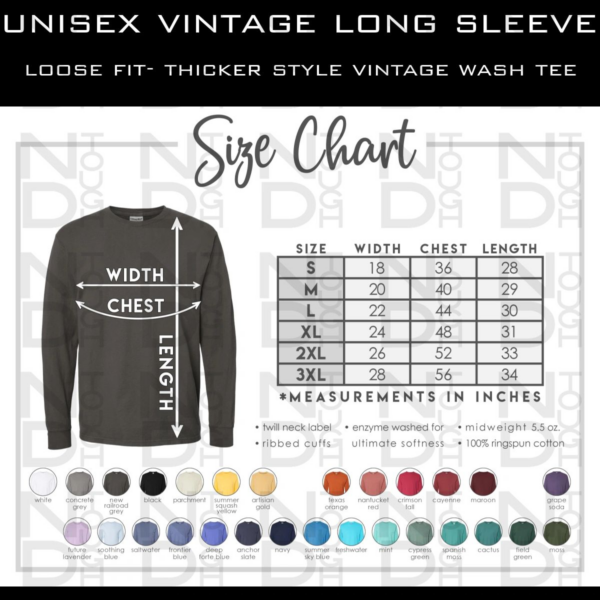 A long sleeve shirt with the size chart for it.