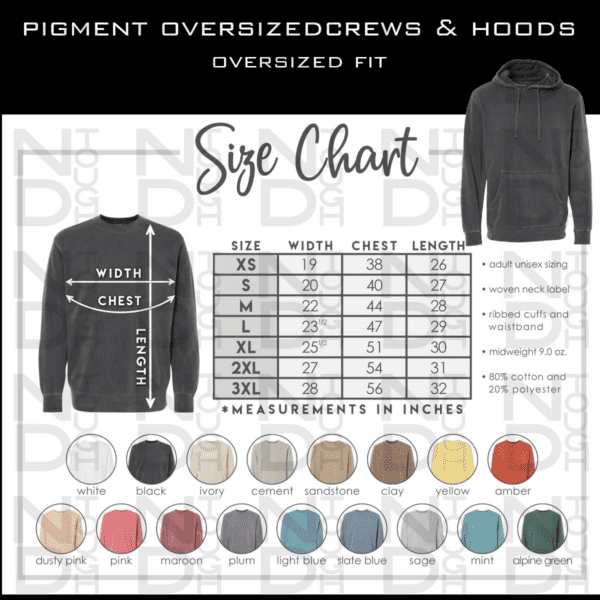 A chart showing the size of different colors of clothing.
