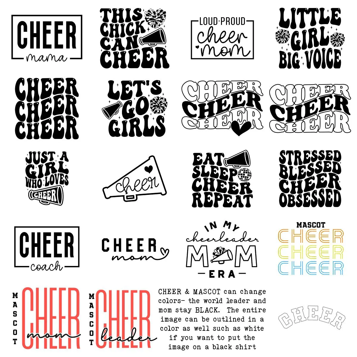 A collection of cheer stickers with words and phrases.