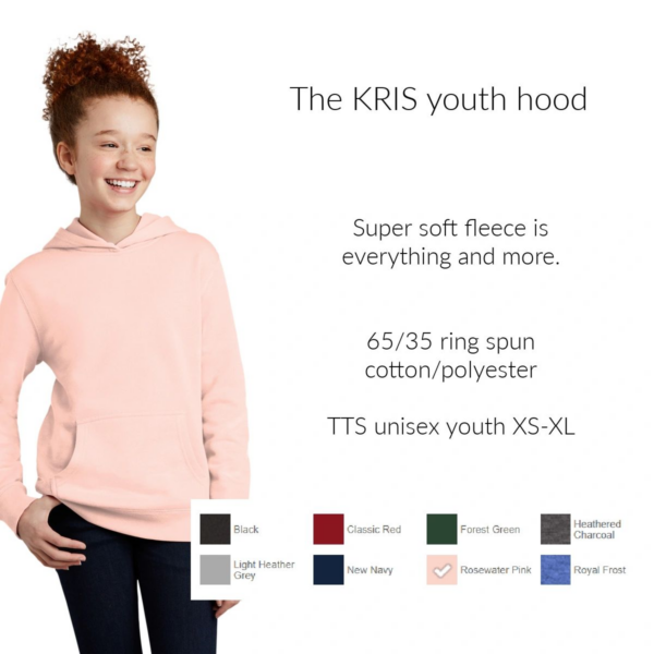A girl wearing a pink hoodie with different colors of clothing.