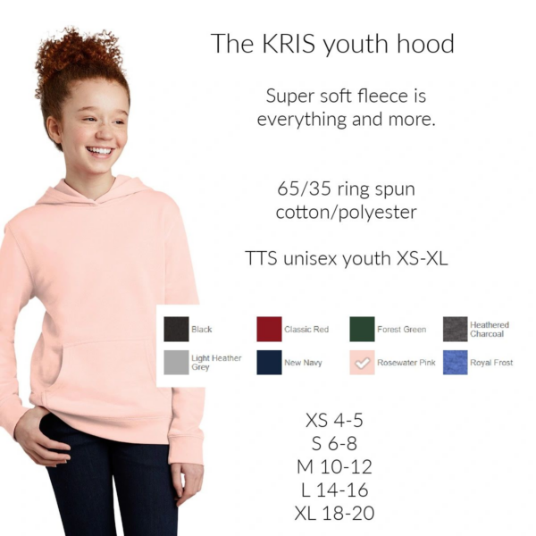 A girl wearing a pink hoodie with different color options.