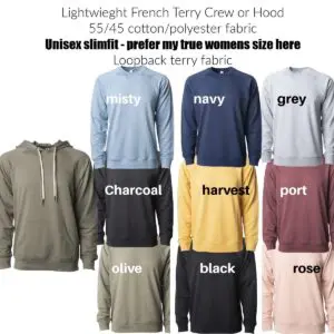 A color chart of different colors for the french terry crew or hood.