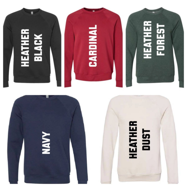 A group of five different colored sweatshirts.
