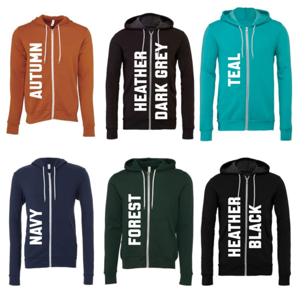 A group of six different colored zip up jackets.
