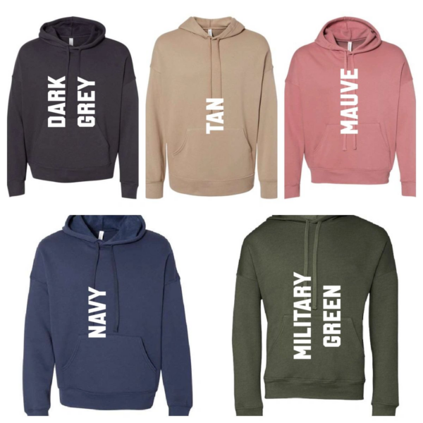 A group of different colored hoodies with the names of each color.