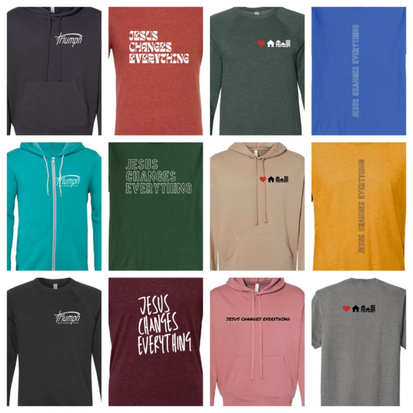 A bunch of different colored shirts and hoodies