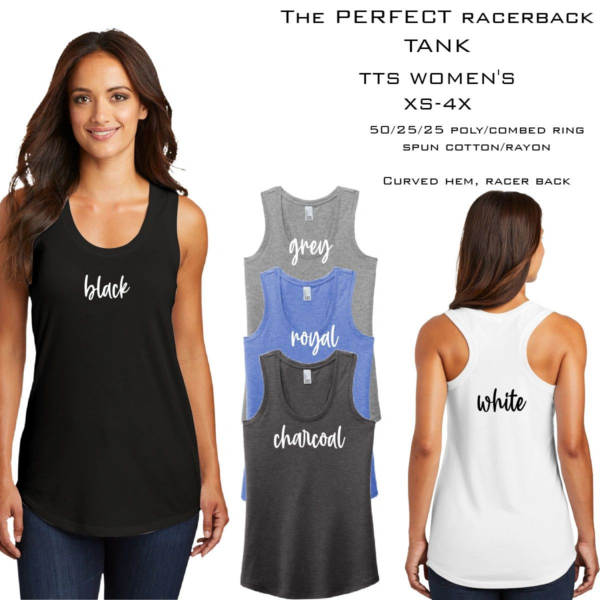 A woman wearing three different colored racerback tanks.