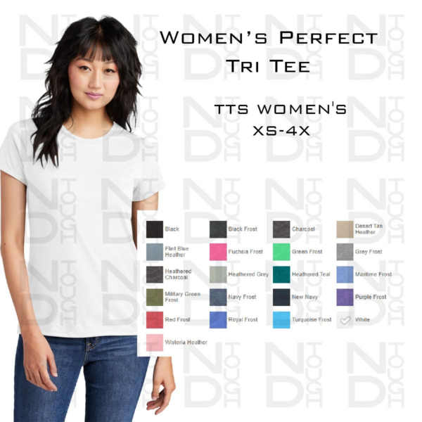 A woman wearing a white t-shirt with many colors of clothing.