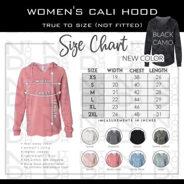 A women 's cali hood size chart with different colors.