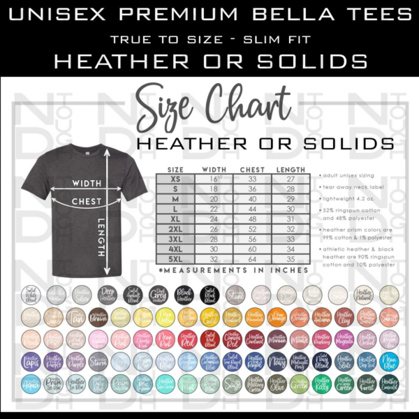 A chart showing the size of bella tees.