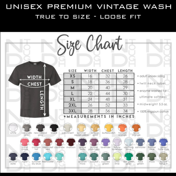 A t-shirt size chart showing the different colors.