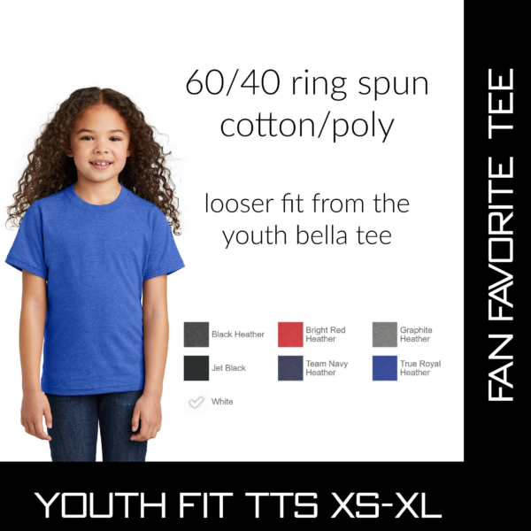 A girl wearing a blue shirt and black pants.