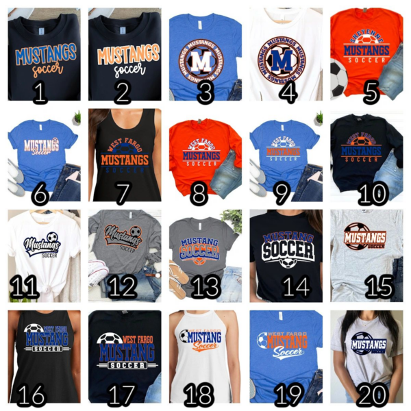 A number of different shirts with numbers on them