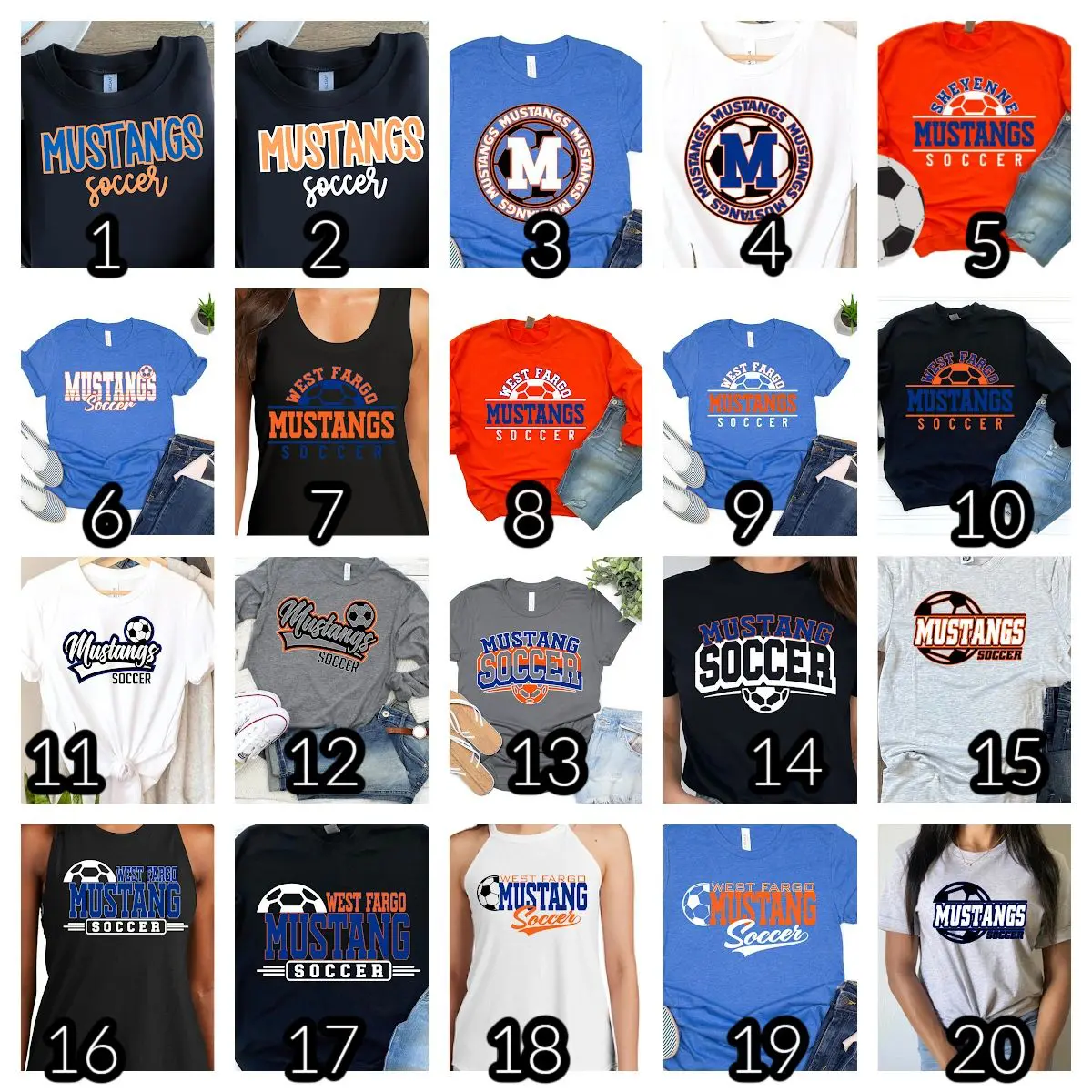 A number of different shirts with numbers on them