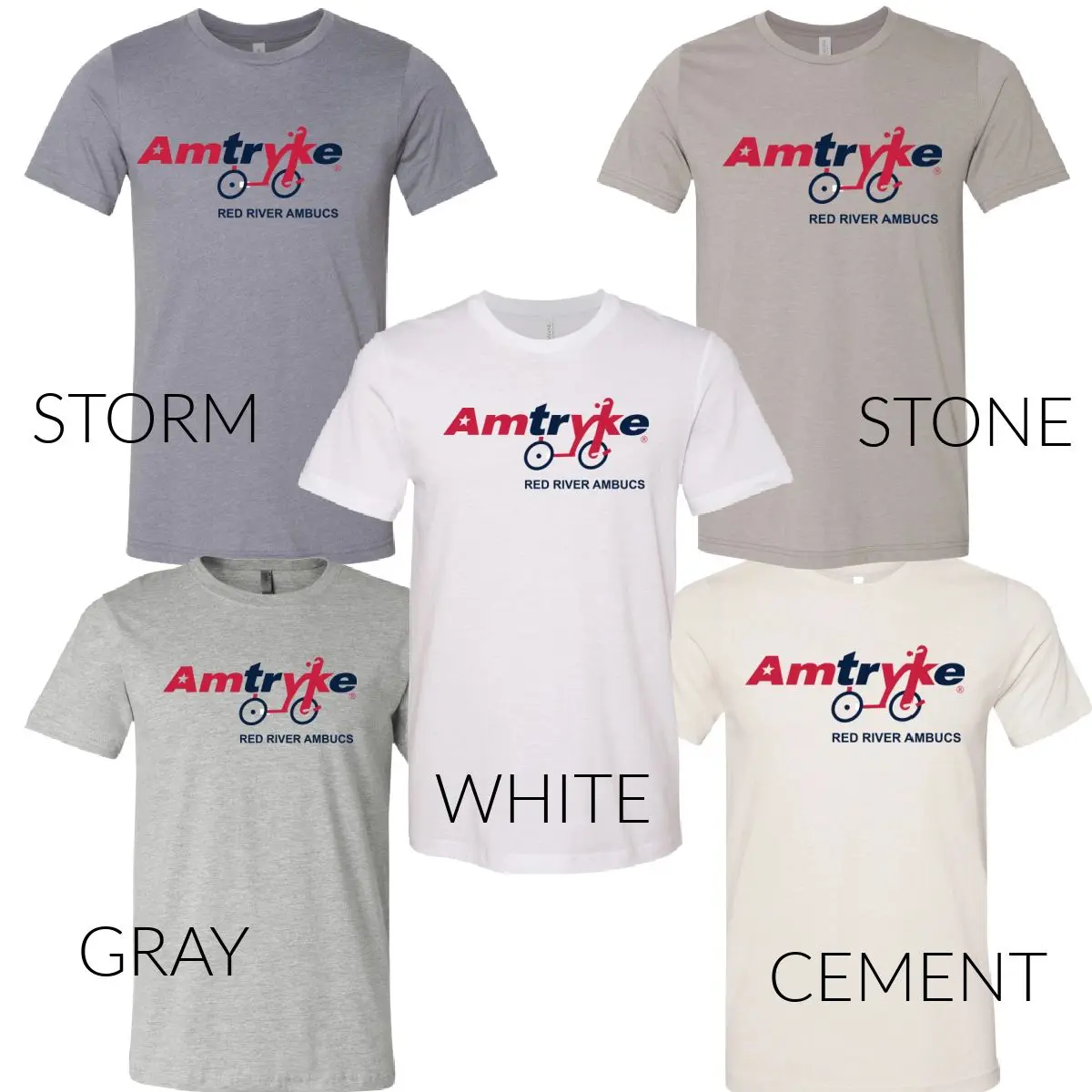 A group of different colored shirts with the amtrike logo on them.