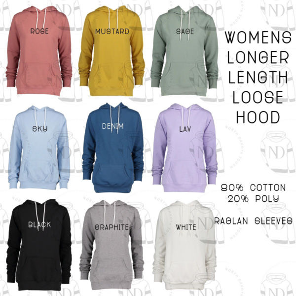A bunch of different colored hoodies with the words " women longer length loose hood ".