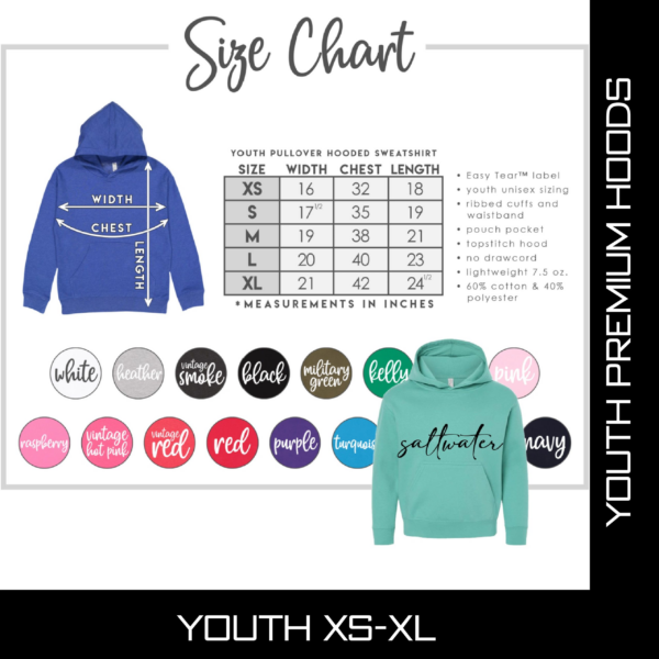 A picture of the size chart for youth xs-xl hoodies.