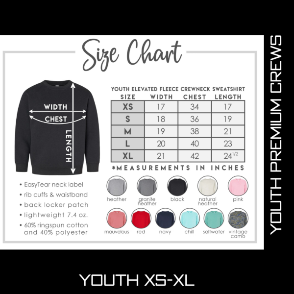 A youth xs-xl size chart for the sweatshirt.