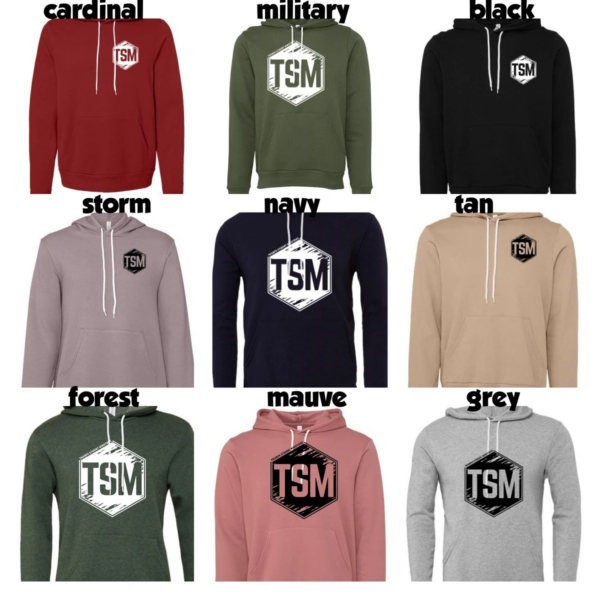 A bunch of different colors of hoodies with the same logo
