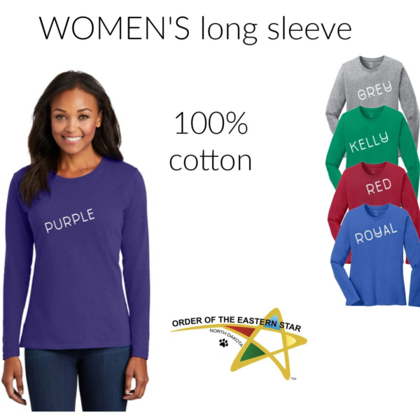 A woman wearing long sleeve shirts with the words women 's long sleeve written on them.