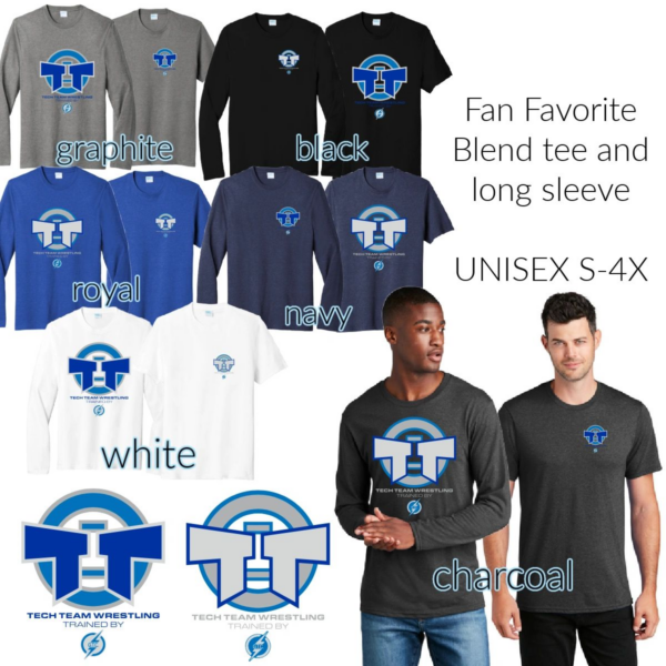 A group of different colored shirts with the words " fan favorite blend tee and long sleeve."