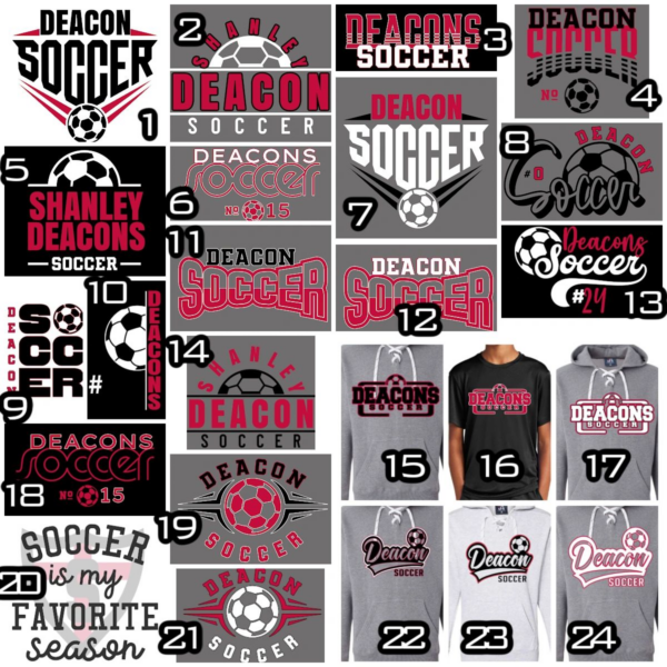A collection of soccer shirts and hoodies.