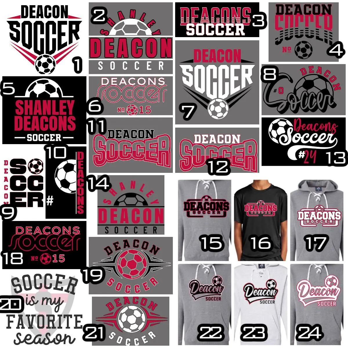 A collection of soccer shirts and hoodies.