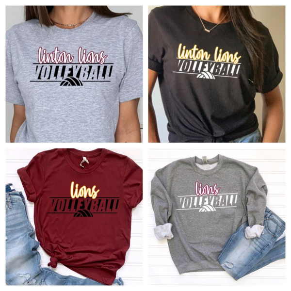 A group of four different volleyball shirts.