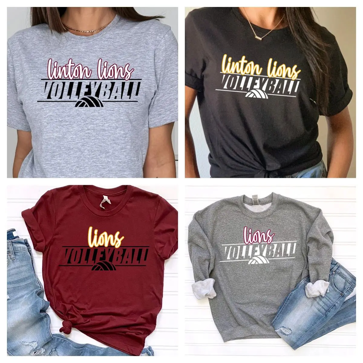 A group of four different volleyball shirts.