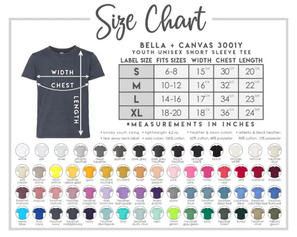 A size chart for bella canvas 3 0 0 1 t-shirt.