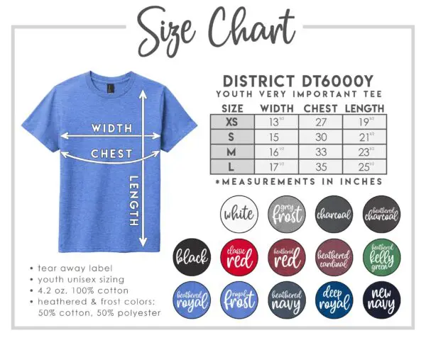 A size chart of the district dt 6 0 0 y youth tee.