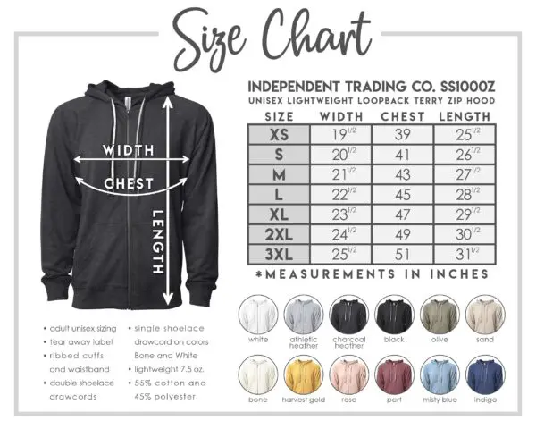 A chart of the size and length of a hoodie.