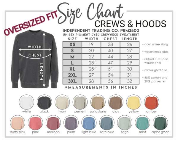 A chart of the size and length of a crew neck sweatshirt.