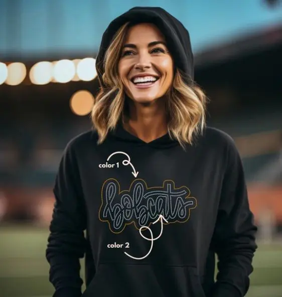 A woman wearing a black hoodie with the word " lafayette ".