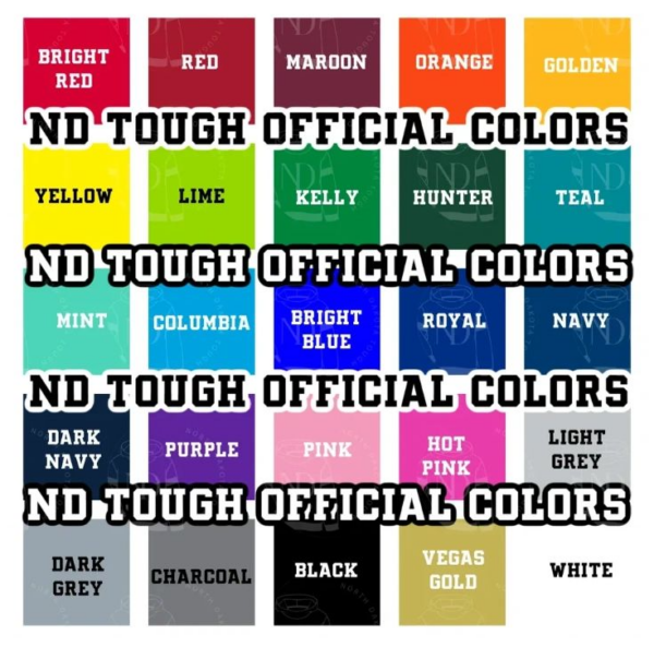 A color chart of all the colors in nd tough.