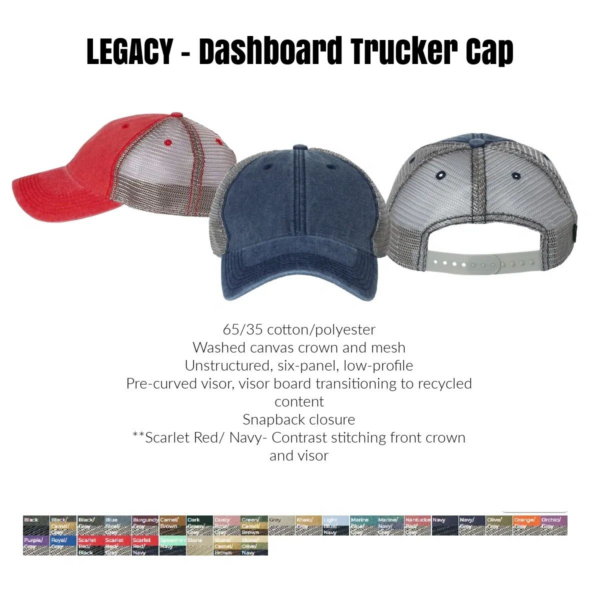A picture of three different hats with the words legacy-dashboard trucker cap.