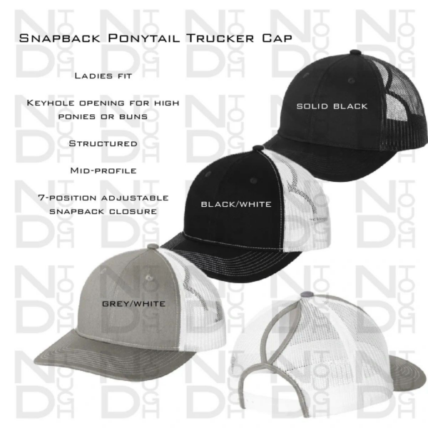 A picture of some different hats with the words " snapback pontail trucker cap ".