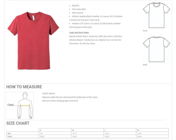 A red shirt with measurements and descriptions of the size.