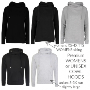 A black and white picture of different types of hoodies.