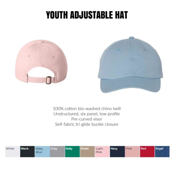 A youth adjustable hat is shown in different colors.