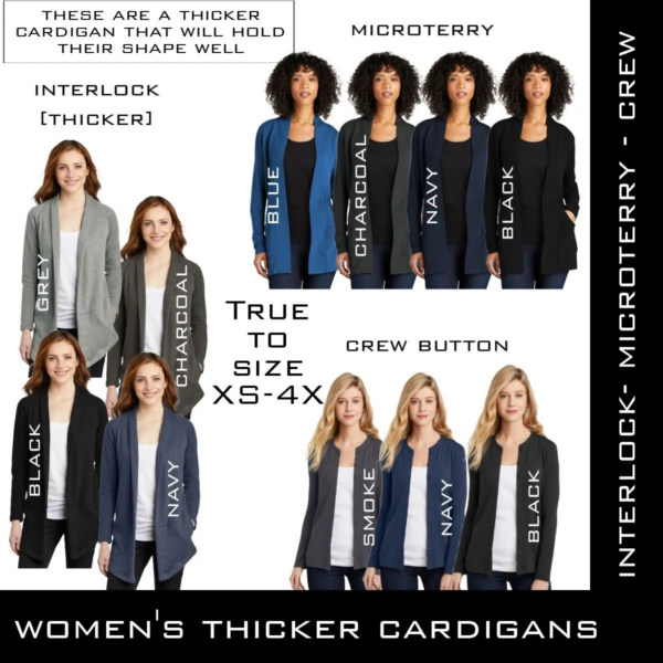 A picture of different women 's cardigans with their names.