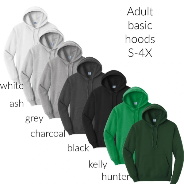 A group of different colored hoods with the names of each color.